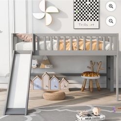 Full Size Low Loft Bed with Ladder and Slide, Full-Length Guardrail, Loft Bed for Bedrooms, Dorms, Kids, Toddlers, Support Up to 400 lbs, No Box Sprin