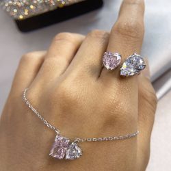 S925 Sterling Silver Pink Diamond Necklace And Ring Set