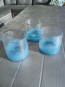 Blue Frosted Glass Candle Holders Set of 3