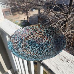 12" Large Iridescent Art Glass Bowl - Teal/Gold Teardrop Pattern