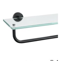 Bathroom Glass Shelf, Shelf with 15 Inch Towel Bar Tempered Glass Shower Storage 16 by 5 inches, 304 Stainless Steel Matte Black Wall Mount