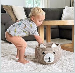 Baby Basket for Nursery, Bear Gift Baskets for Kids, Baby Shower Basket with Handles, Small Cute Animal Baskets, Light Brown, 10.5"D x 8.5"H