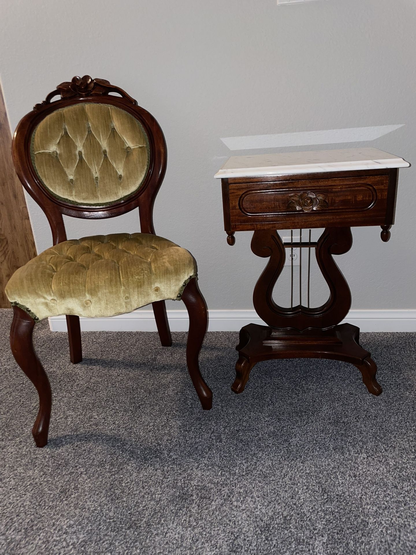 Kimball Antique Victorian Balloon Back Rosewood Chair And Vintage Victorian Mahogany Marble Top Harp Lyre End Table