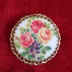 W Germany Sugar Coated Gold Tone Vintage Round Rose Brooch Floral Bouquet Signed