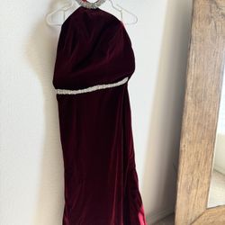 Red/wine Velvet Long Gown With A Slight Train , Halter Top Dress.