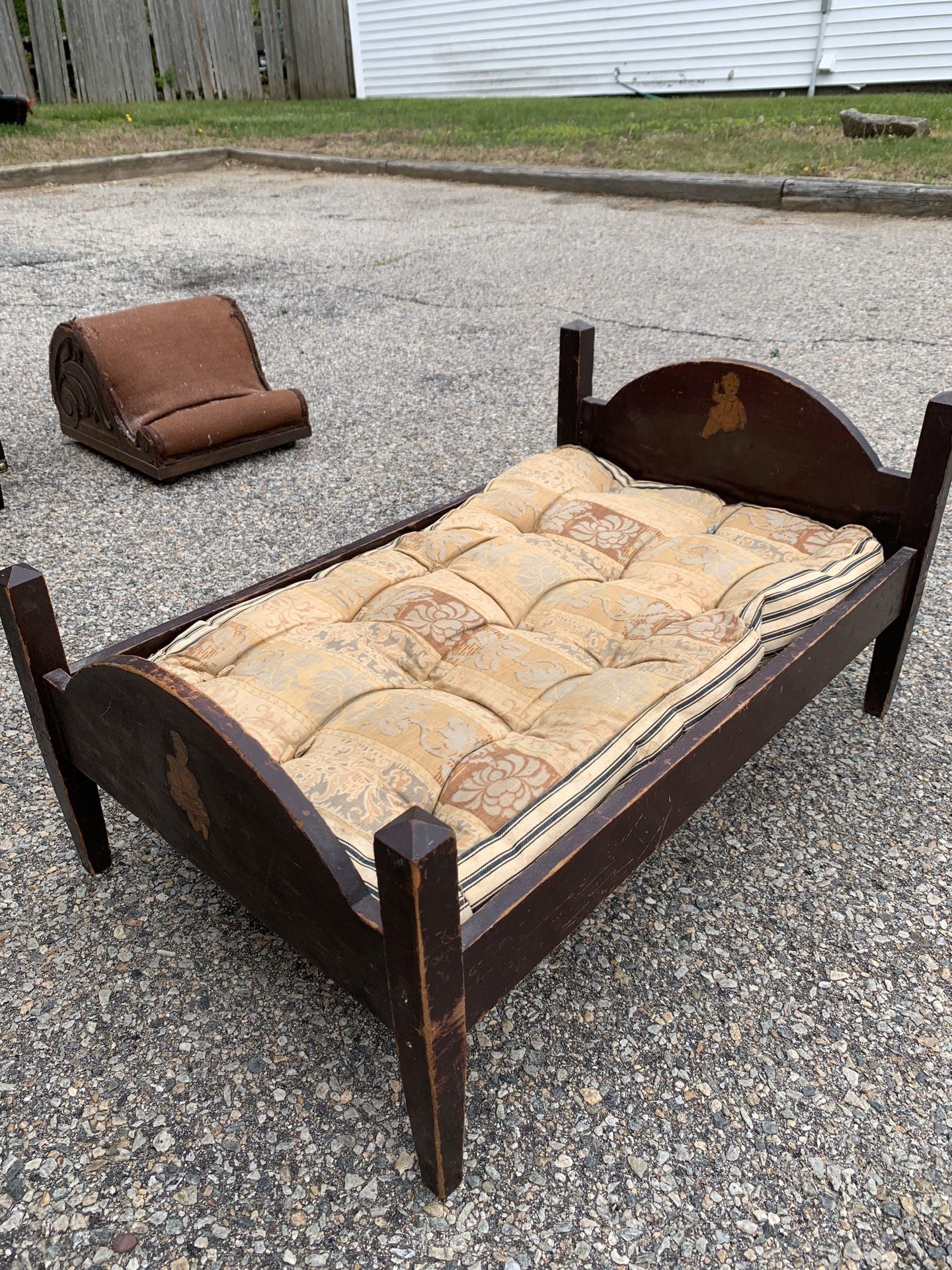 Antique Wooden Doll Bed with Original Mattress