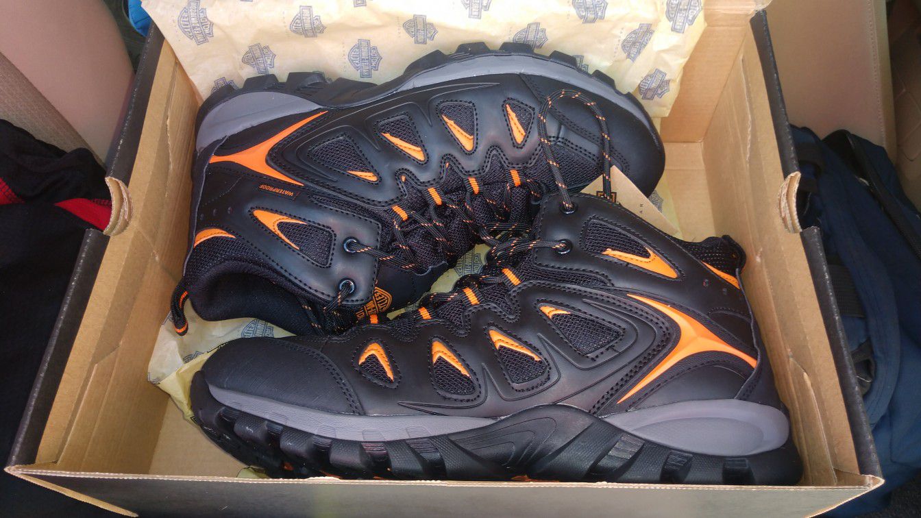 HARLEY DAVIDSON Work/Hiker Boots, 'Woodridge' Black/Orange Model, Size 10 Men's