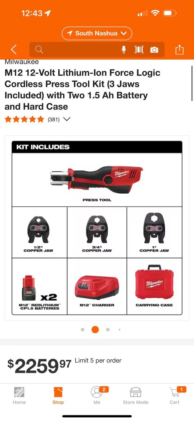 M12 Milwaukee Pro Press Kit With Jaws, Batteries And charger In Case &1850