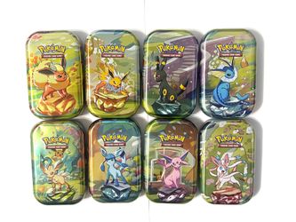 Empty Pokémon Prismatic Evolutions 8 Mini Tin Set Complete W/ Coins & Art Cards