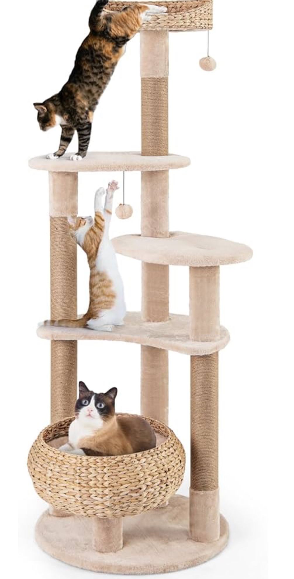 New 65 inch Cattail Cat Tree Tower, Multi-Level Cat Tower with Natural Jute Scratching Posts