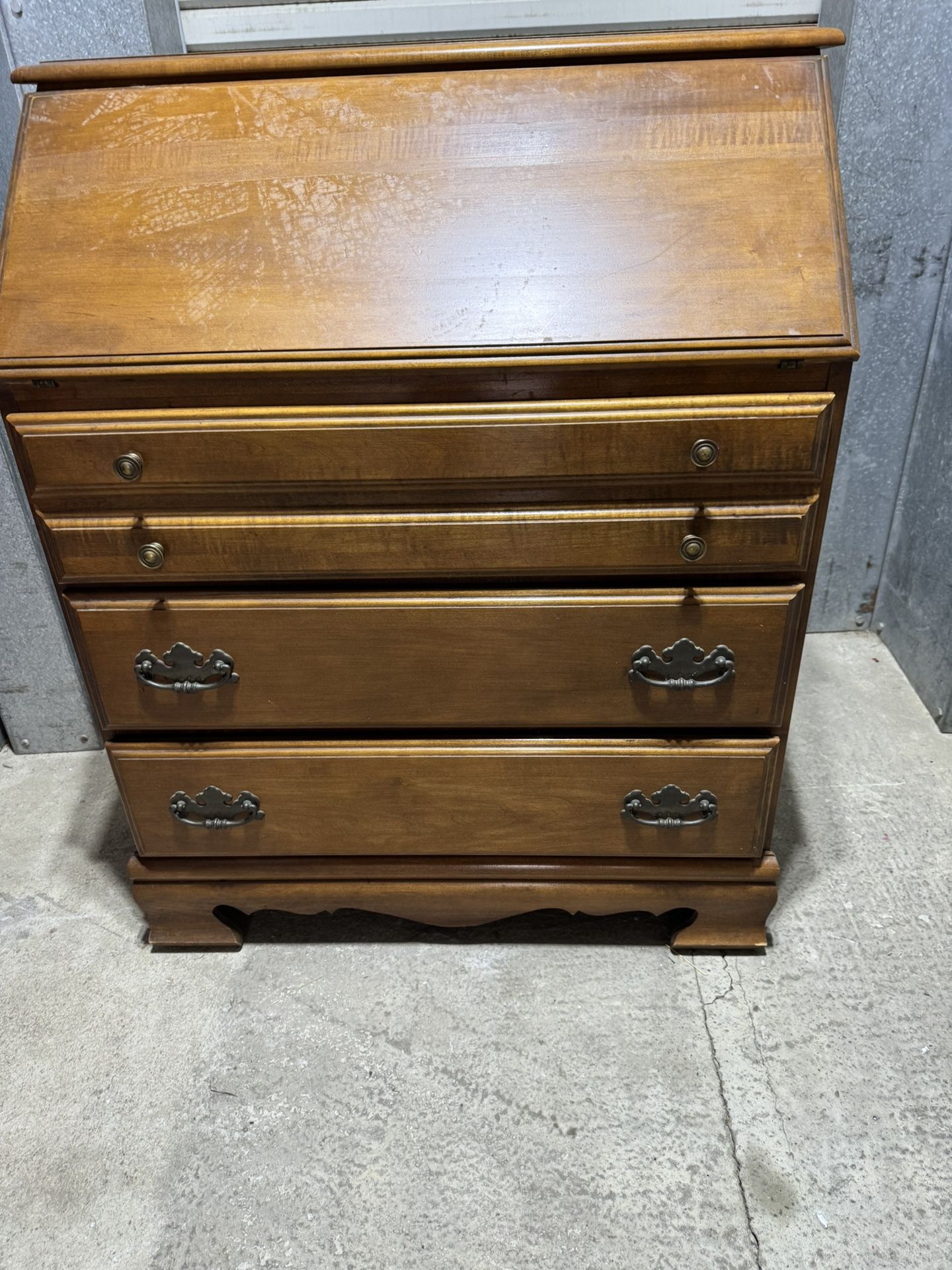Solid Wooden Secretary Desk /Drawers 32” wide 16 1/2” deep 39 1/2” tall in back 29” tall in front