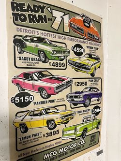 Metal embossed old dealership sign 1971