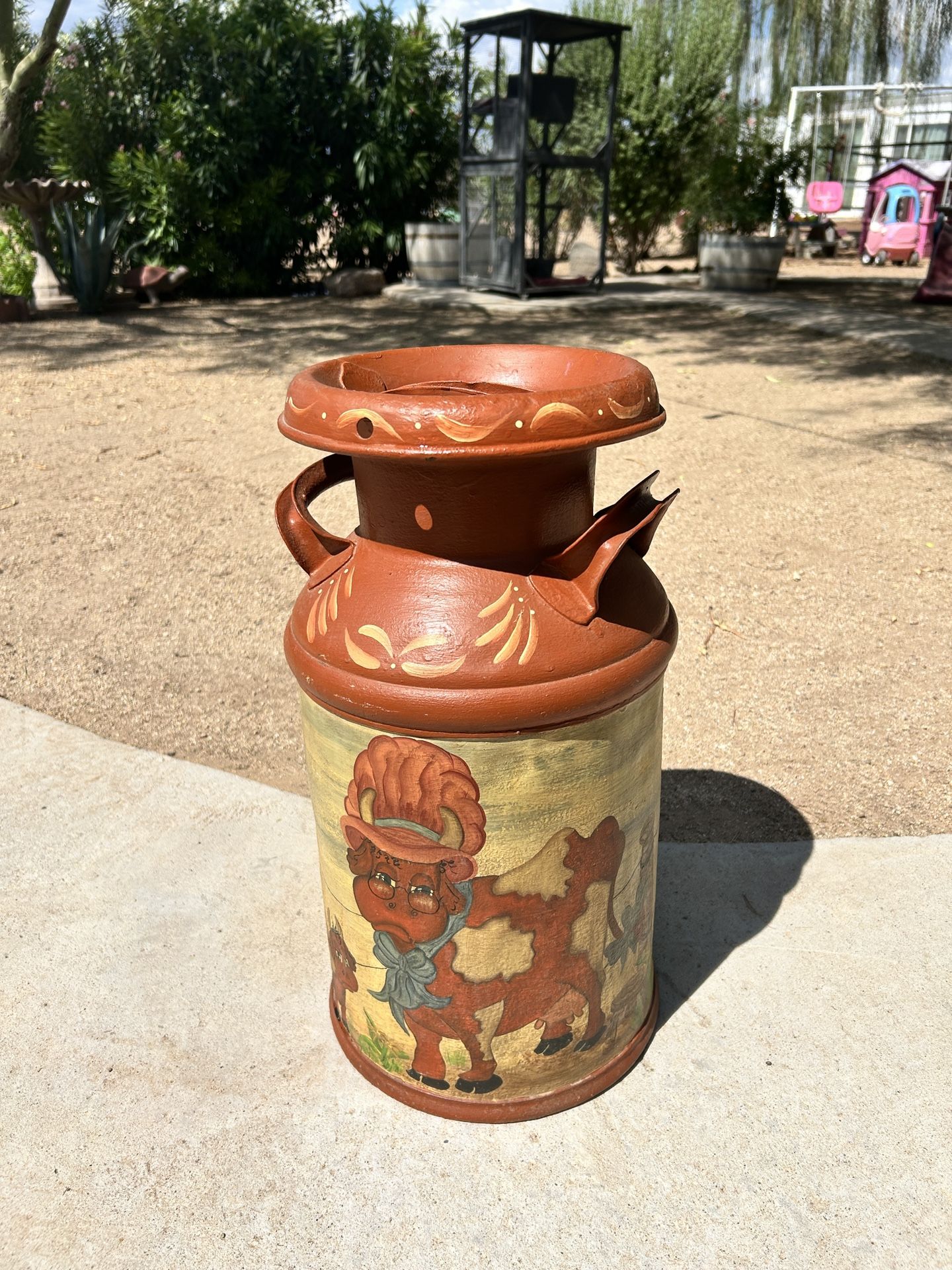 Vintage Metal Milk Dairy Jug HandPainted Farmhouse Style.
