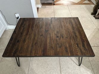 Wood coffee table with hairpin legs….42” wide, 30” deep, 17” high