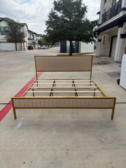 Gold Metal Bed Frame with Upholstered Headboard