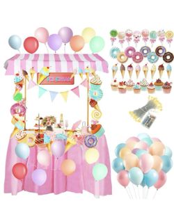 Yinder 34 Pcs Ice Cream Bar Hut Party Decor Kit LED Light Ice Cream Donuts Cupcakes Cut Outs Macaron Latex Balloon Triangle Pull Flag Banner for Summe
