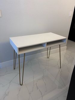 White Desk / Console Table with Gold Hairpin Legs