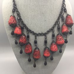 Vintage Red black lava beads Gunmetal chain Bib NECKLACE STEAMPUNK HALLOWEEN GOTH Costume Jewelry 