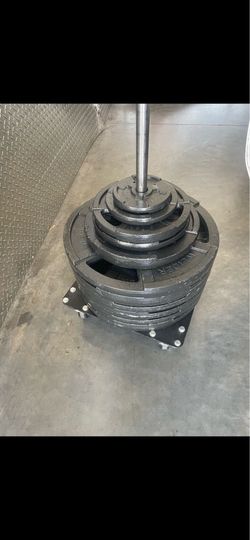 350 lbs Weider Olympic Cast Iron Plates & Heavy-Duty Rolling Stacker