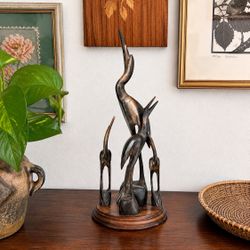 Vintage Hand Carved Family Heron Cranes Egret Water Fowl Wood Base Made in India Sculpture 1960’s 