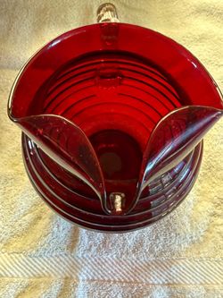 Ruby Red Ribbed Ball Pitcher with Hand-Applied Handle & Tri-Corn Ruffled Rim