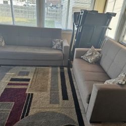 Kilim Armada Brown Fabric Sleeper Sofa & Loveseat with Storage & 4 Throw Pillows Living Room Set
