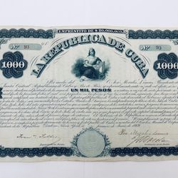 Emprestito (Bono) de 1,000 Pesos de la Republica de Cuba