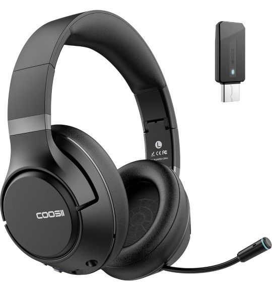 COOSII H300 Wireless Headphones Bluetooth with Microphone, Over Ear Headsets with USB Dongle & Mute, Environmental Noise Cancelling Retractable Mic fo