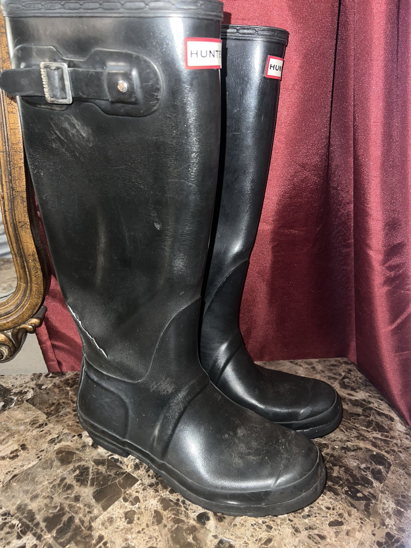 Ladies Womens sz 9 black tall Hunter rain boots well worn - see pics for tears