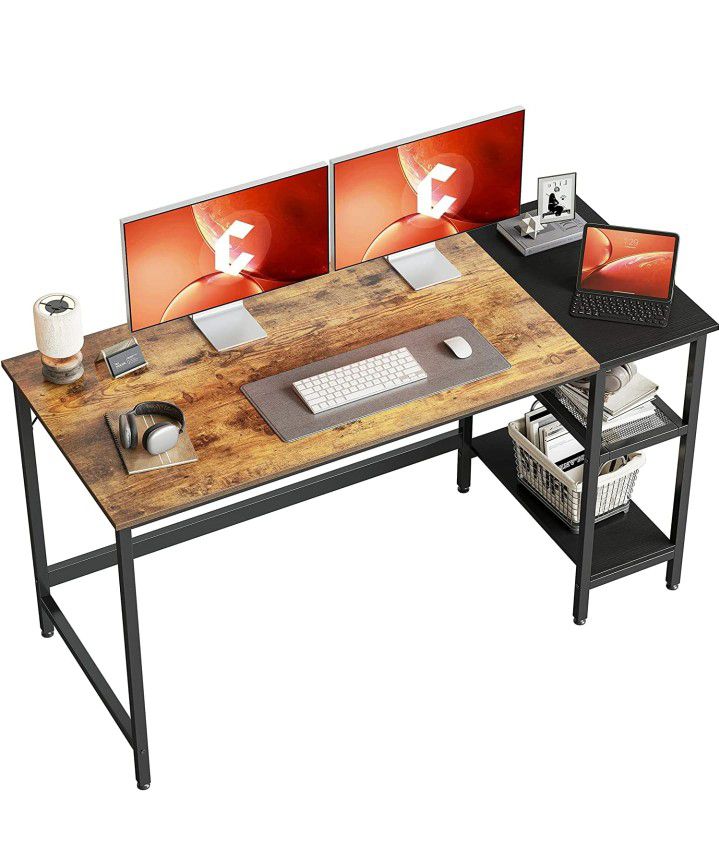 63 Inch Small Desk Study Writing Table with Storage Shelves, Modern Simple PC Desk with Splice Board, Brown Black Finish