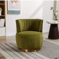 Contemporary Olive Green Velvet Upholstered Swivel Barrel Chair, E-3