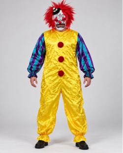 Scary Horror Clown Costume Yellow Jumpsuit Mask Red Wig Halloween Large