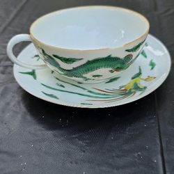 Meissen Hand Painted Porceline Green Ming Dragon Breakfast Cup & Saucer