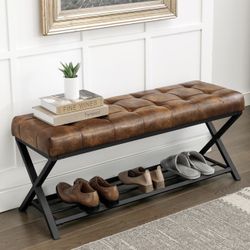 LUE BONA 44.5” End of Bed Bench with Shelf, Linen Tufted Upholstered Storage Shoe Bench, Modern Bedroom Bench with Metal Legs for Living Room, Entrywa