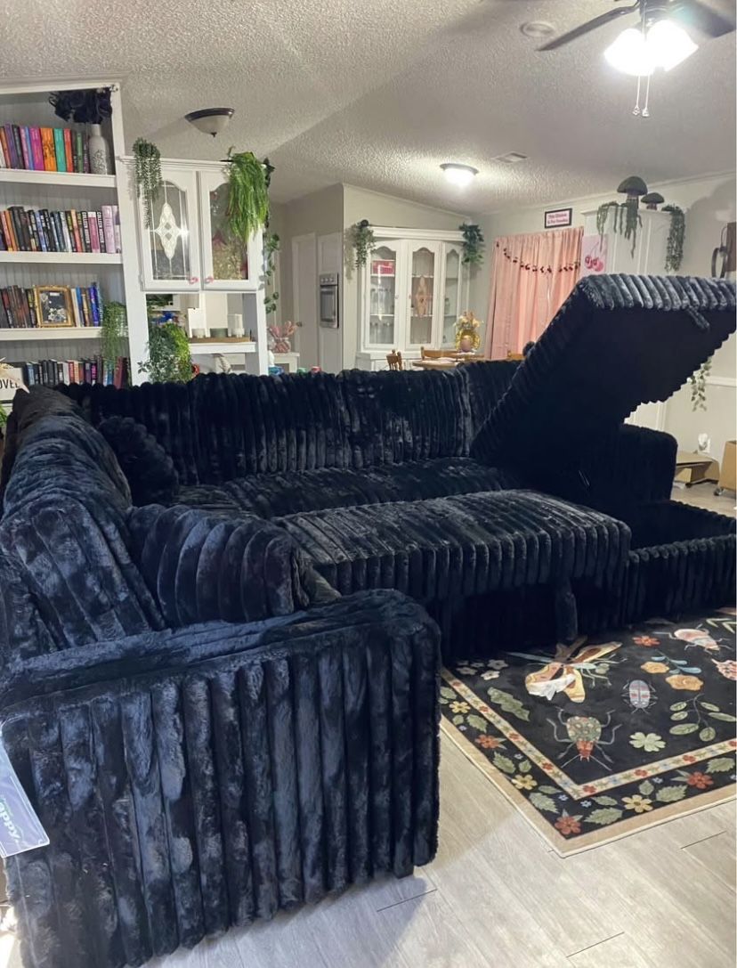 Black Fluffy Sectional Couch With Pull Out Bed And Storage 