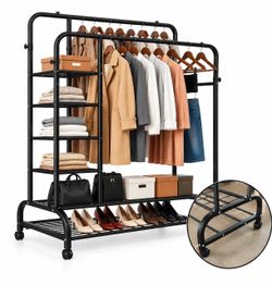 Heavy-Duty Double Rod Clothes Rack with 4 Side Shelves, 2 Bottom Storage Shelves & Rolling Wheels - Black Metal Garment Organizer for Bedroom, Closet 
