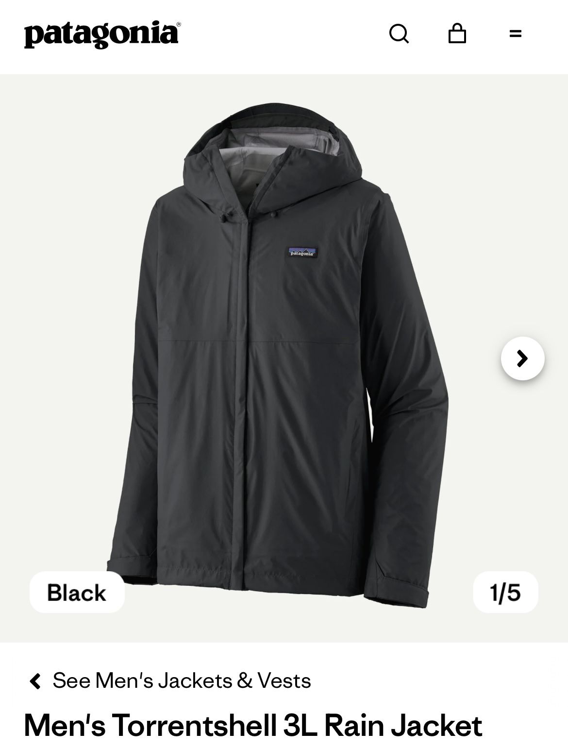 patagonia Men's Torrentshell 3L Rain Jacket Size M Black