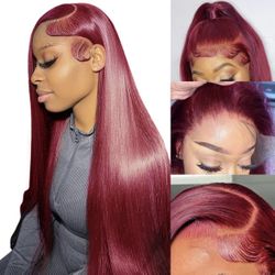 Burgundy Lace Frontal Wig Human Hair Silky Straight 22inch