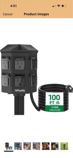 Outdoor Power Strip Weatherproof, 100 FT Extension Cord with Power Stake, 6 Grounded Outlets for Outdoor Lights, 15A/1875W, ETL Listed