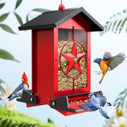 Squirrel Proof Bird Feeder for Outdoors Hanging, Metal Wild Bird Seed Feeder with Bilateral Weight-Activated Perches, 5LB Large Capacity Wild Bird Fee
