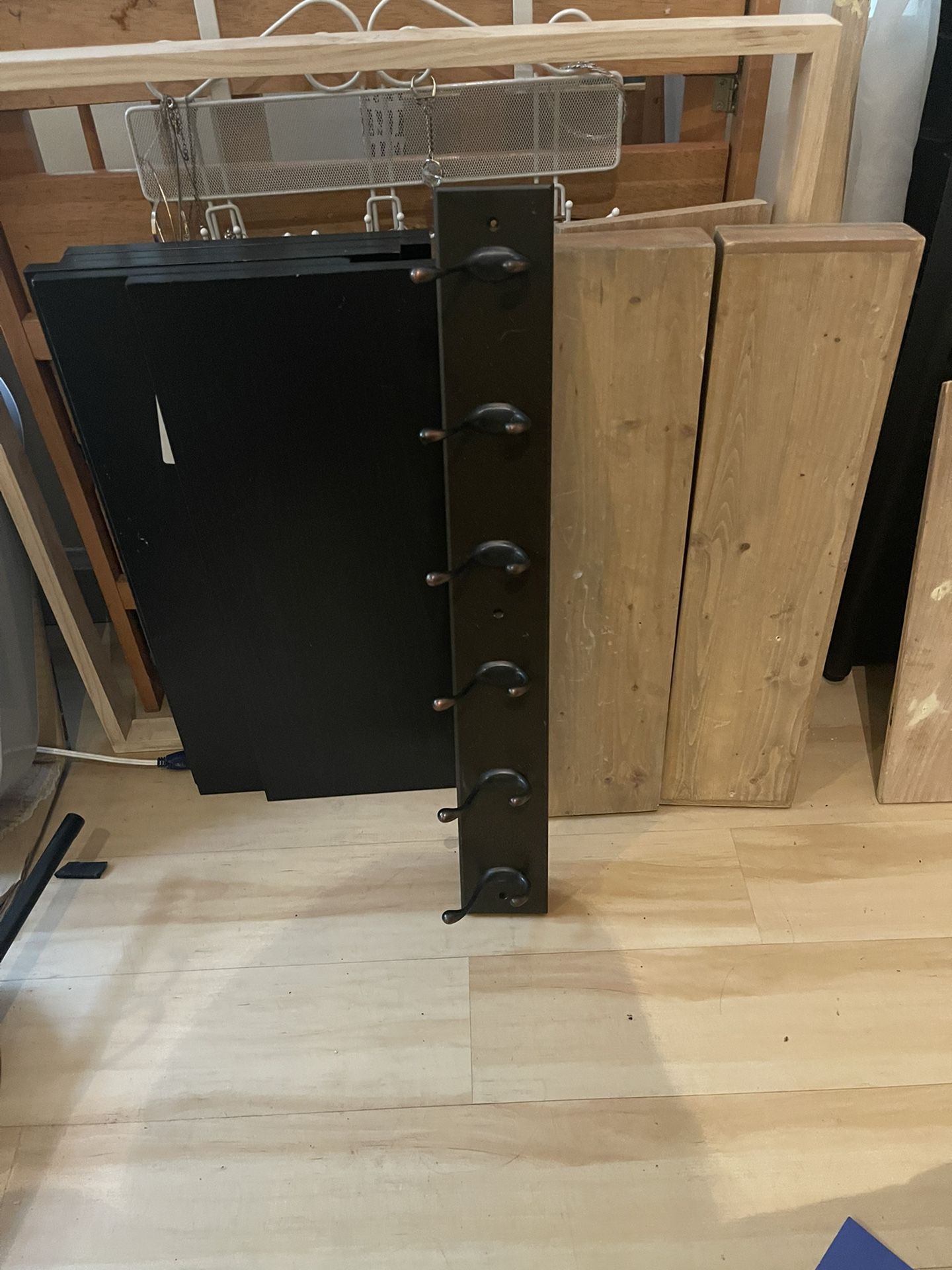 Shelves! 5 Black, 2 Floating Wood, And One Coat Rack