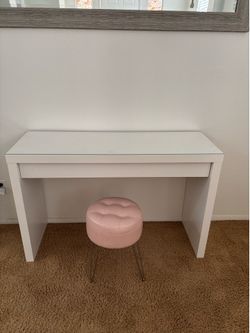 IKEA Malm white desk/vanity with glass top and stool