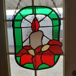 Vintage Christmas Candle Stained Glass Suncatcher 10.5"H x 8"W