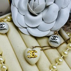 White Heart Pendant With Gold CC Logo 
