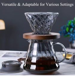 Pour Over Coffee Maker,20 oz Borosilicate Glass Coffee Carafe, Wooden Collar, Coffee Maker Carafe, 600 ml, Clear,for Home Café Restaurant and Camping