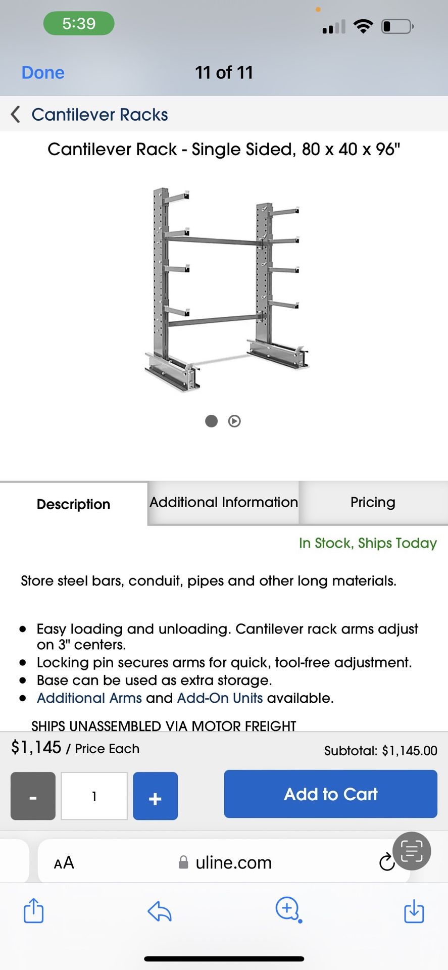 Cantilever Rack - Single Sided, 80 x 40 x 96"