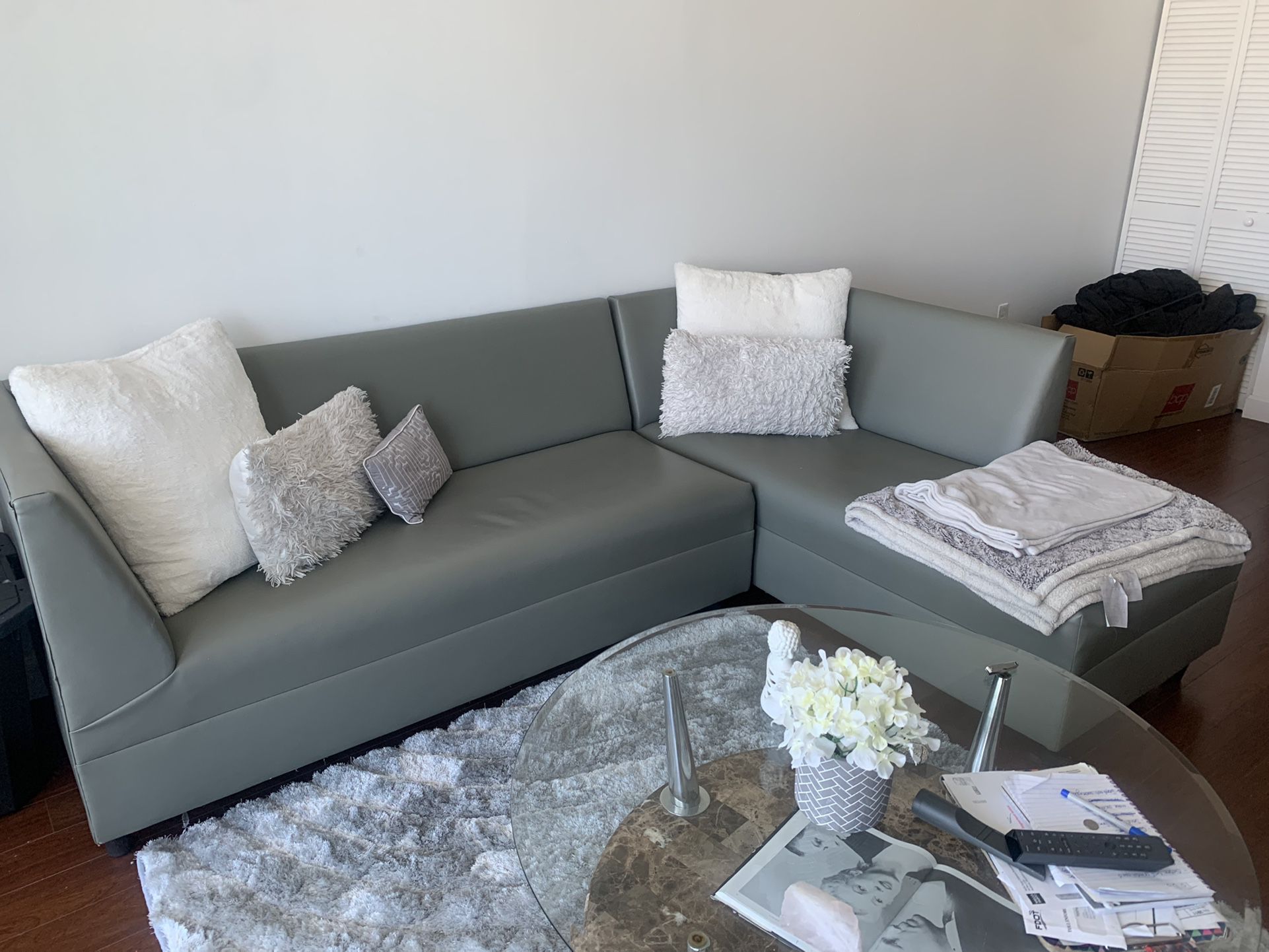 Modern Gray Premium Leather Sectional L Couch 