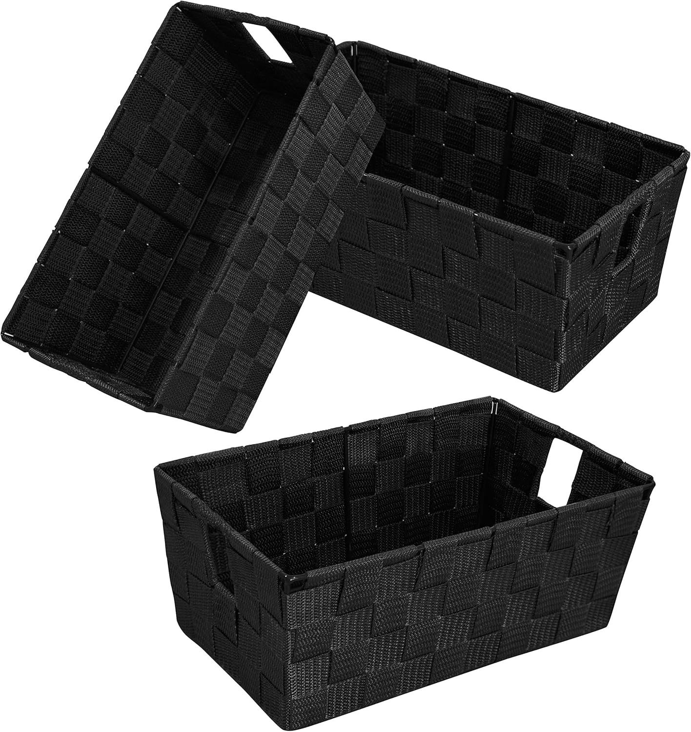 Woven Black Storage Baskets Shelf Tote Boxes Container, Durable Organizer- 3Pack