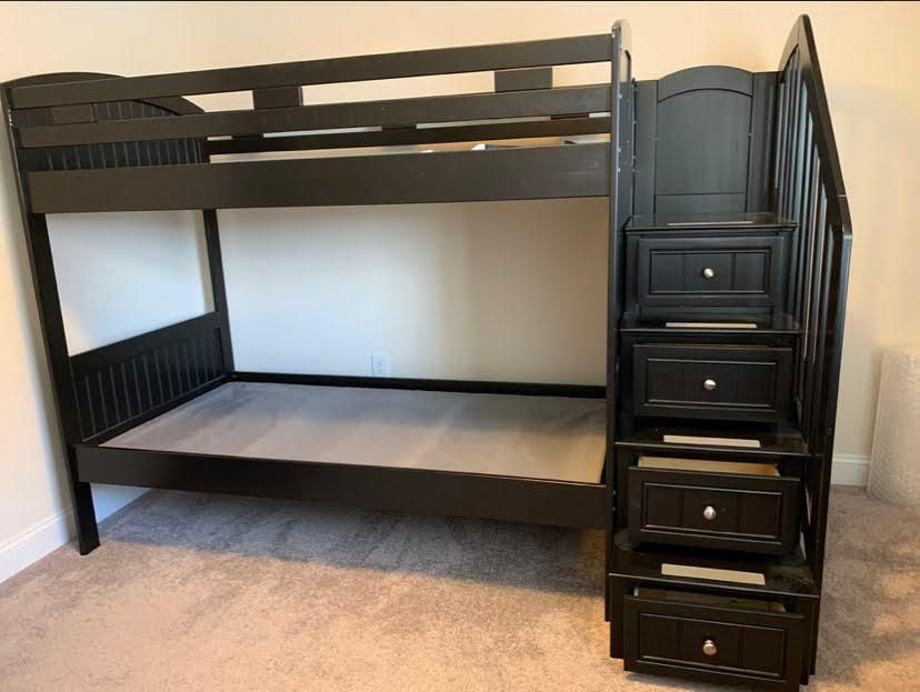Twin Bunk Bed With Full Steps / Storage Drawers And Storage Closet Underneath the Steps