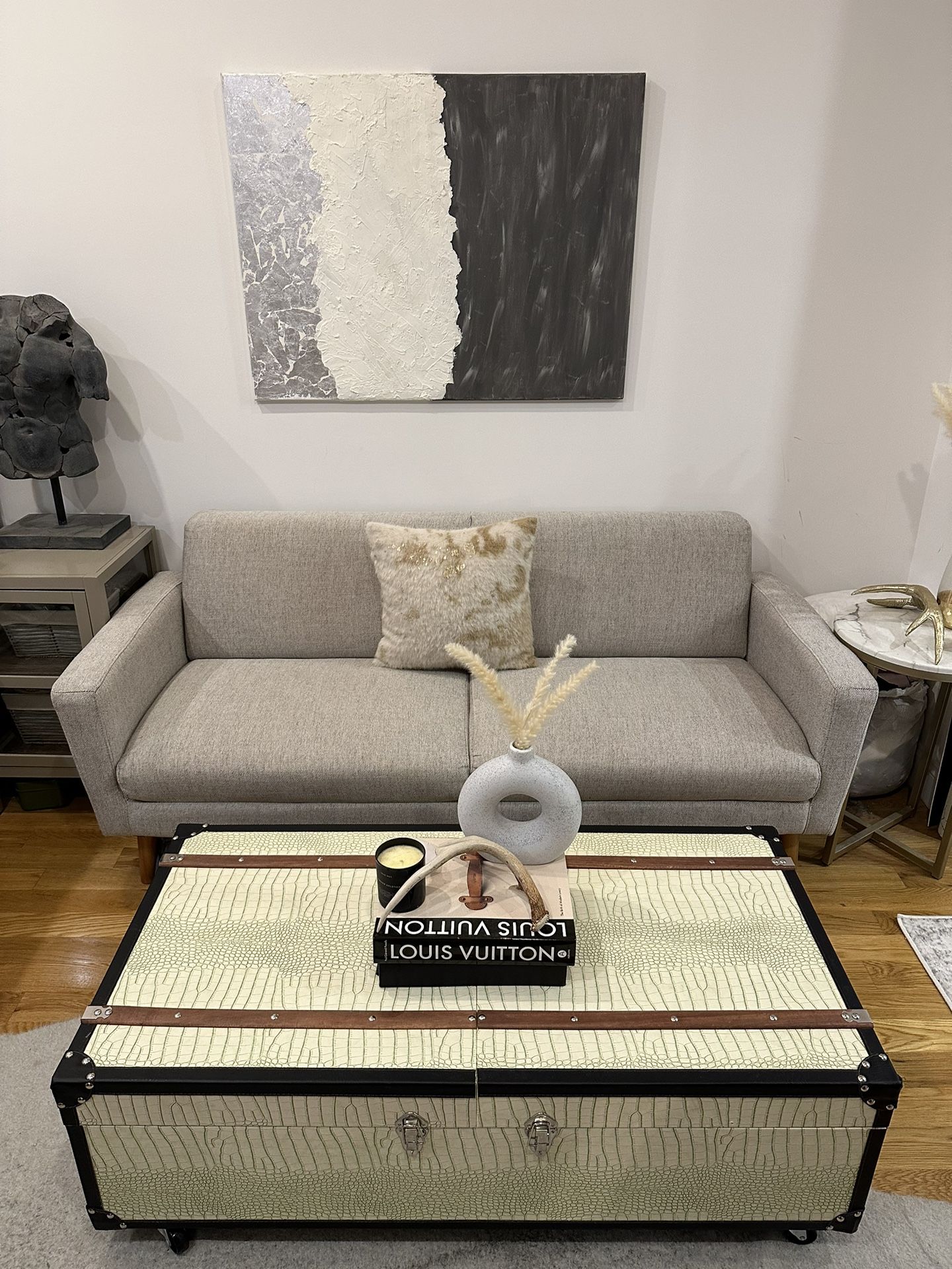 West Elm Oliver 2 Seater Sofa, Poly, Twill, Dove, Light Walnut 72”
